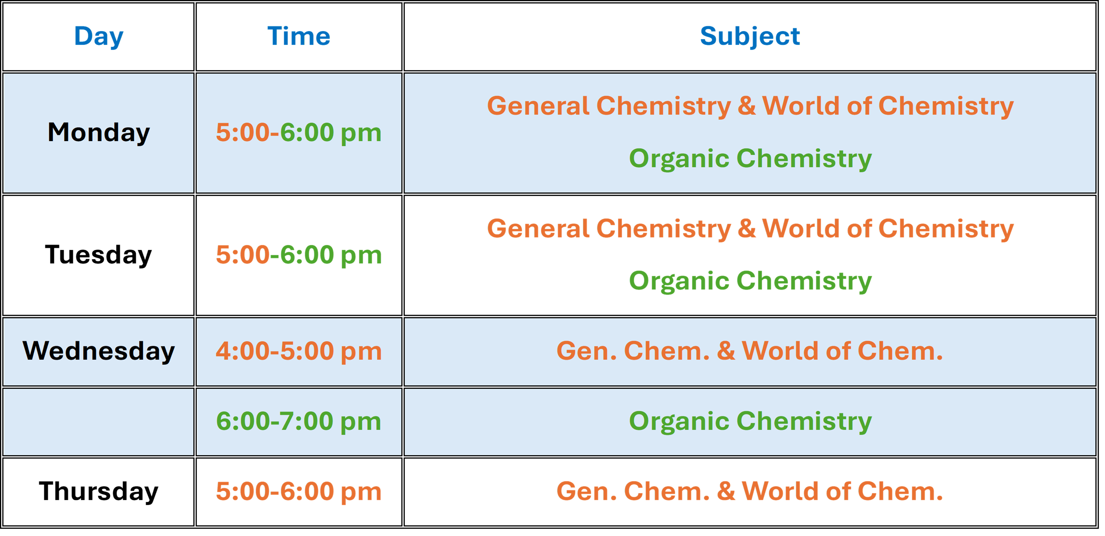 peer tutoring schedule