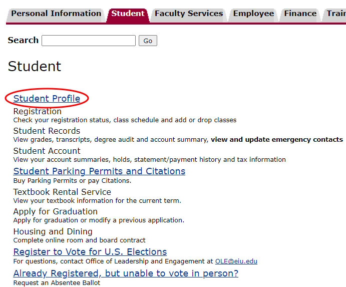 Image of PAWS with a circle around the Student Profile link