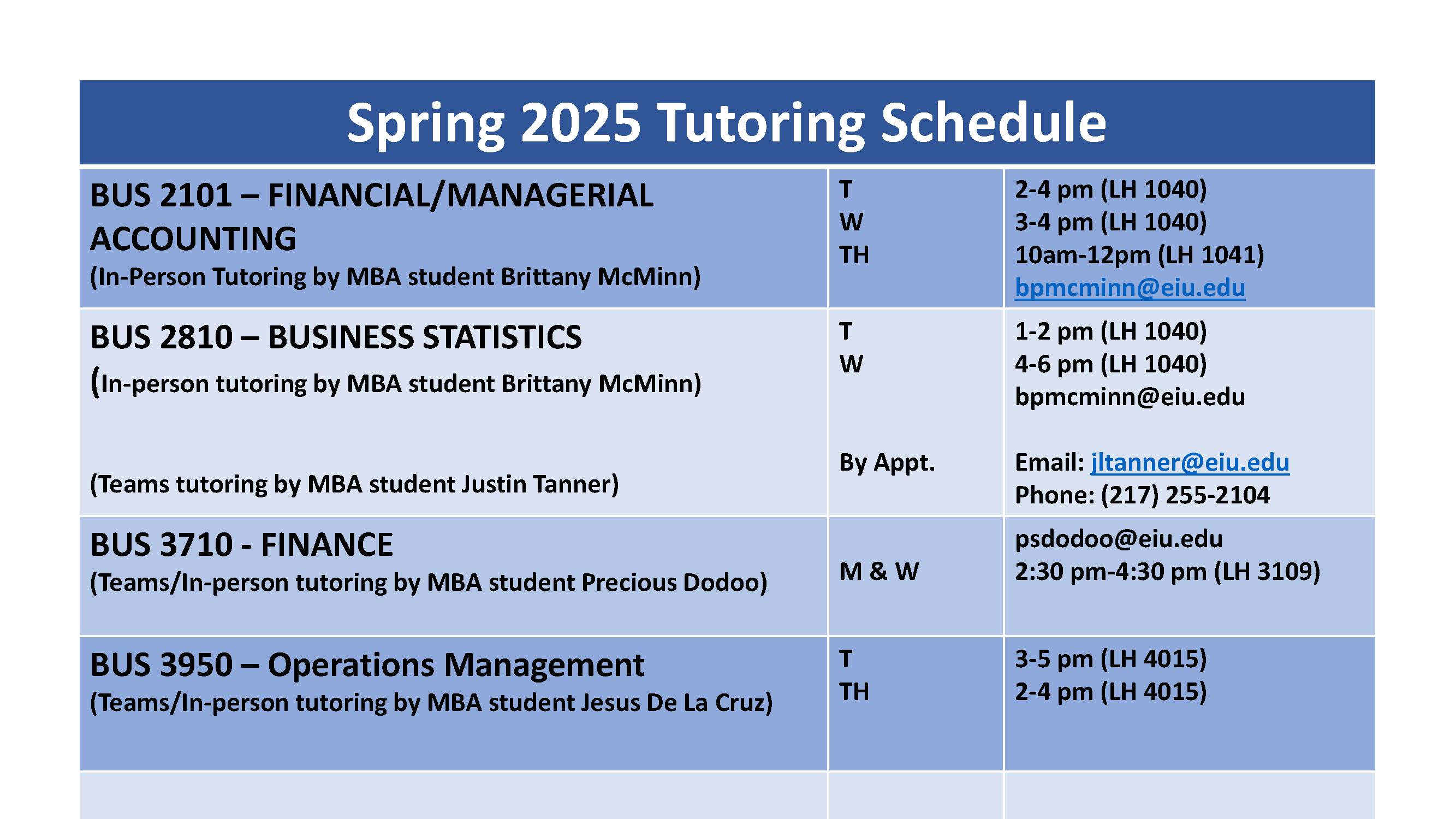 Spring 2025 Tutoring Schedule Tutoring schedule for tutoring provided by Brittany McMinn, Justin Tanner, Precious Dodoo, and Jesus De La Cruz, all of whom can be reached by email for scheduling.