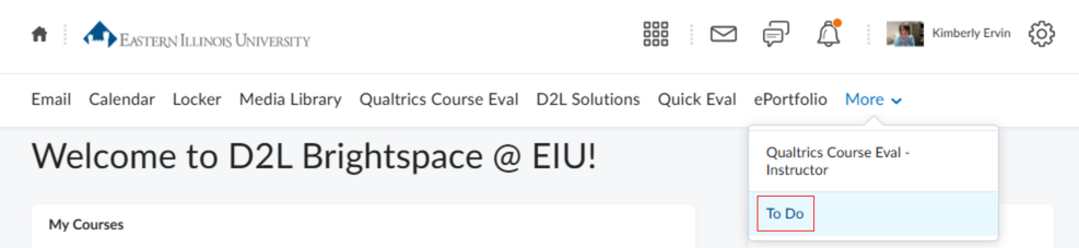 image of navbar on instructor d2l homepage with To Do hiighlighted To Do Instructor View