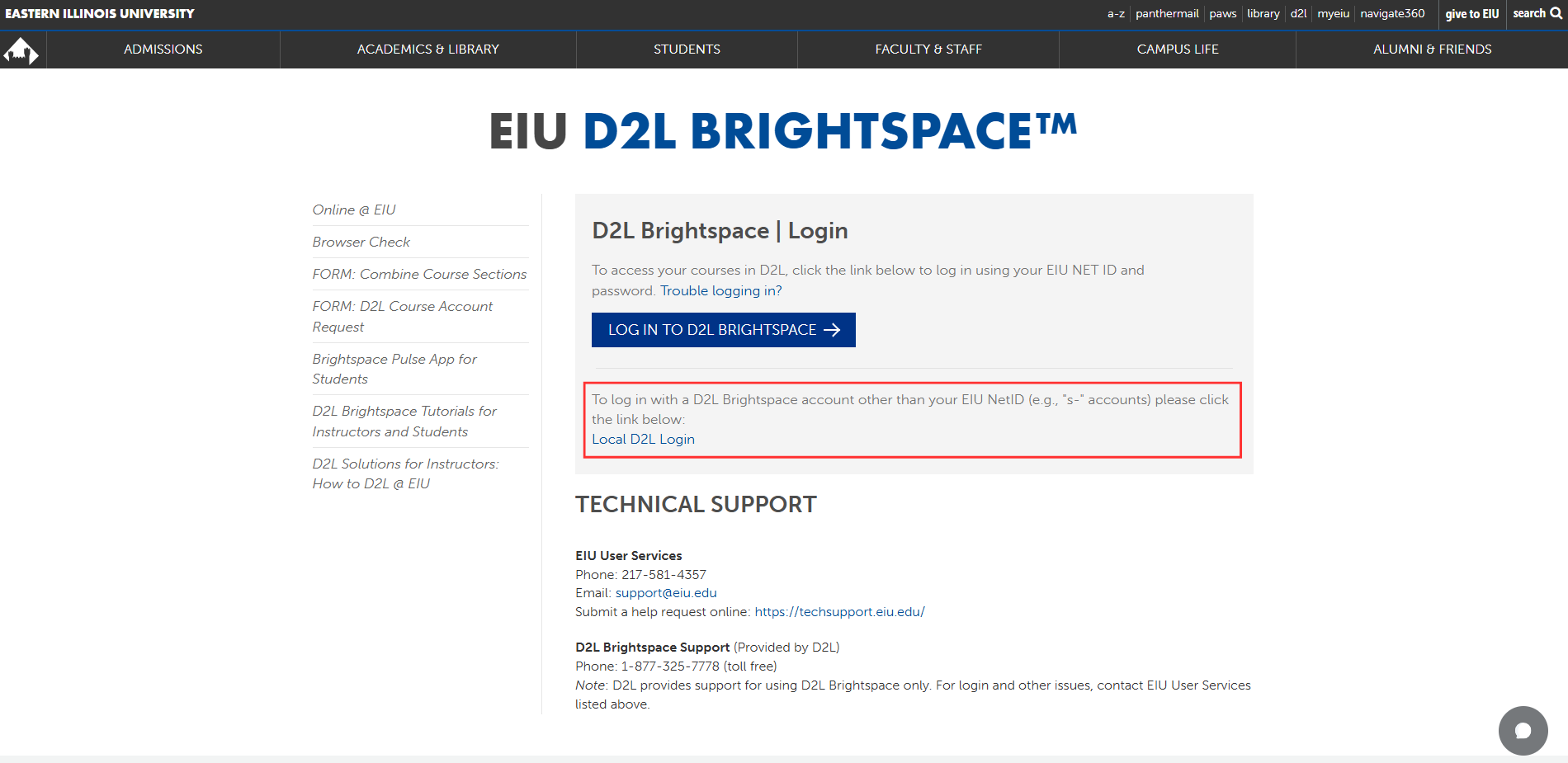 image of EIU D2L login page with access to s dash account highlighted D2L s- Account Log In