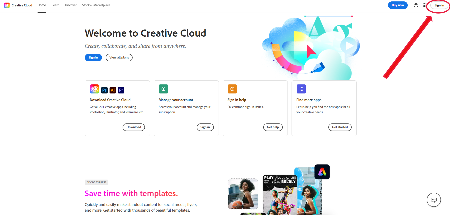 Adobe Creative Cloud home page showing the sign-in button